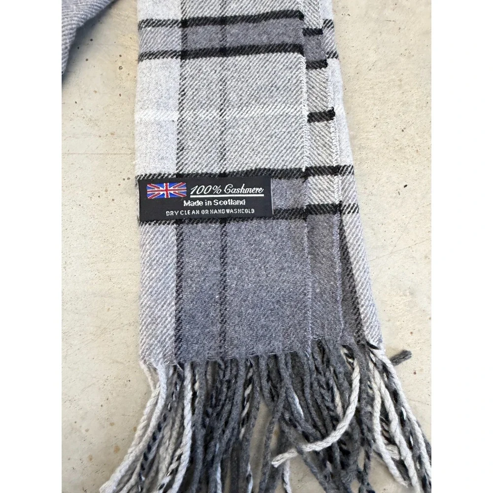 Mens Scarf Charcoal Gray Plaid 100% Cashmere Fringes Classic Scottish Winterwear